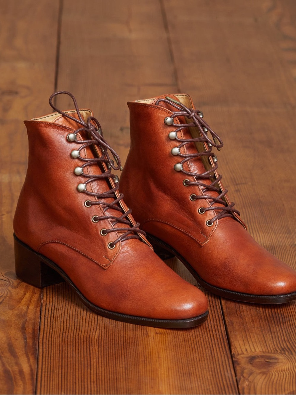 Christy Dawn Leather Lace-Up Boots in Cognac Brown